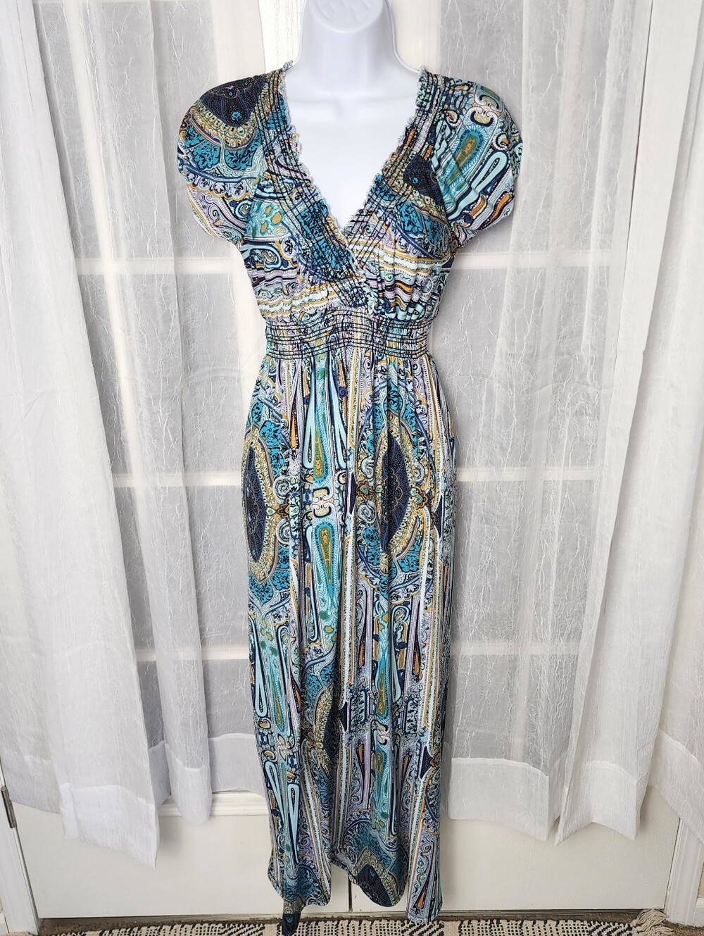 Lapogee Boho Mandala Paisley Maxi Dress M Blue Empire Waist V Neck Boho Resort